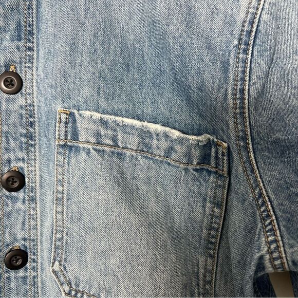 Lucky Brand Womens Jean Dress Large Drawstring Button Up Fray Hem Short Sleeve - Picture 5 of 13